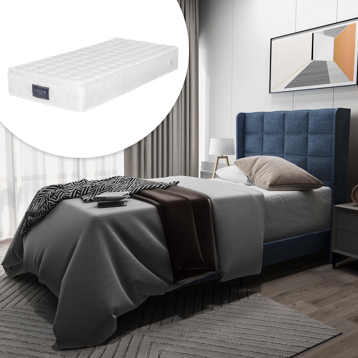 Gestoffeerd bed met matras - Compleet slaapsysteem - 90x200 cm eenpersoons - Blauw linnen - 7-zones pocketveringmatras H3 (406 veren) - Inclusief lattenbodem - Stille en stabiele constructie