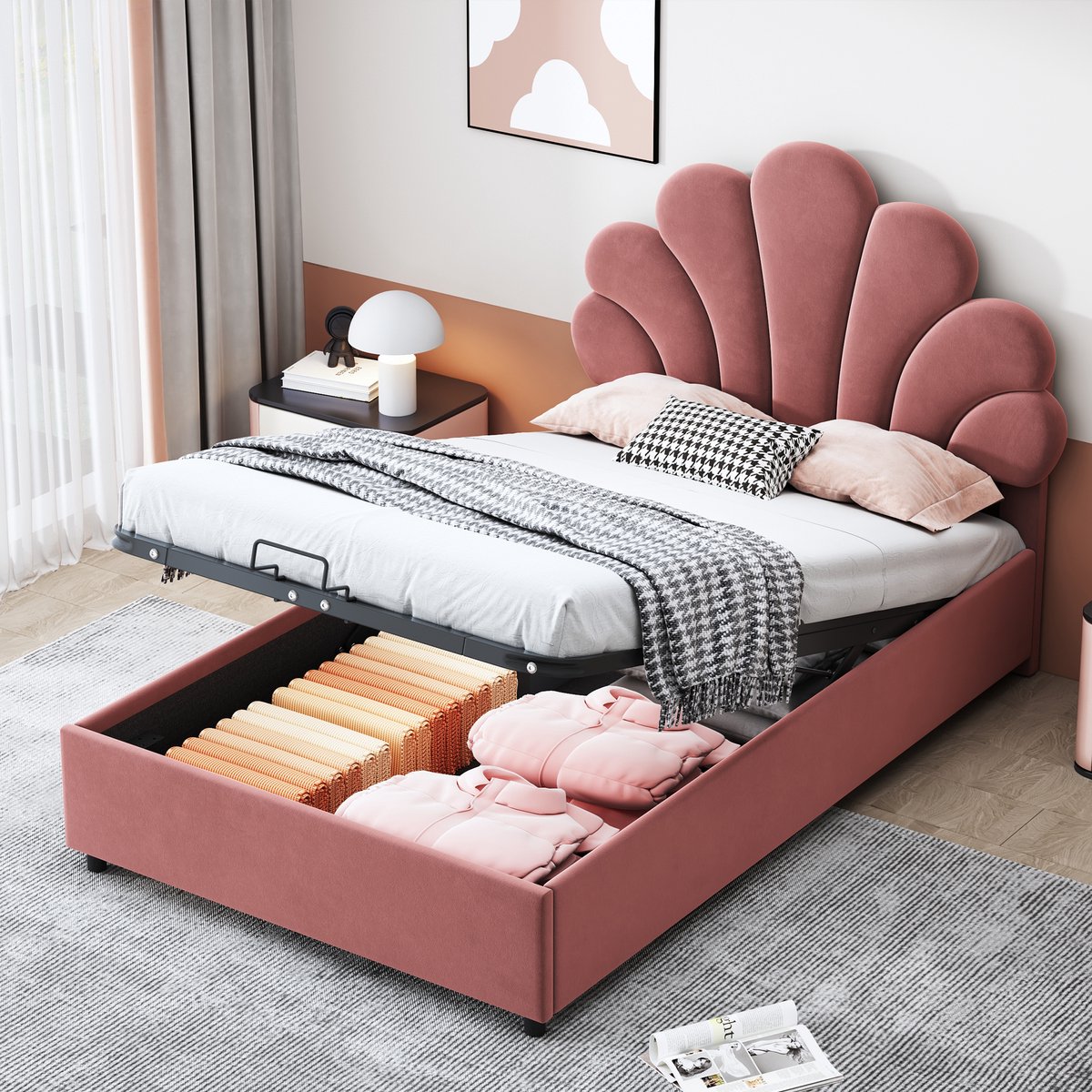 Kinderpolsterbed met bloemenhoofdeinde - Hydraulische opbergruimte en verstelbaar hoofdeinde - 90x200 cm - Roze fluweel - Zachte, huidvriendelijke stof - Ideaal voor meisjeskamer