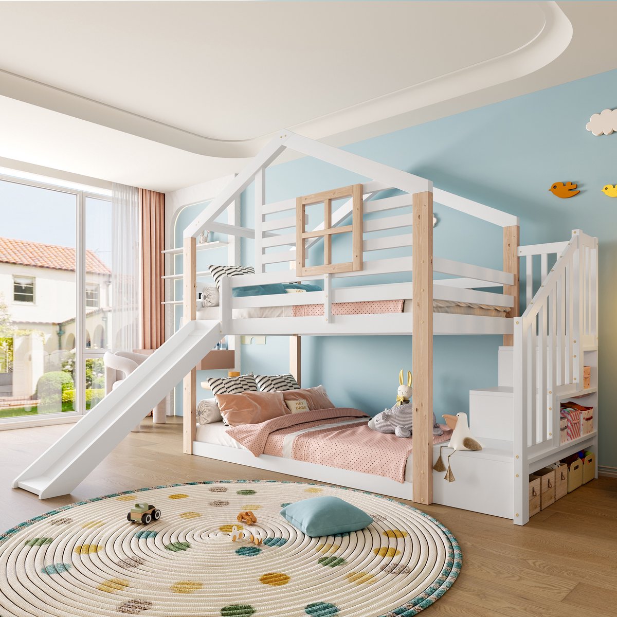 Houten stapelbed in huisvorm met glijbaan en opbergtrap - Scandinavisch design - 90x200 cm - 2 personen - Wit en natuur - EN 747-1:2024 gecertificeerd - Veilig en duurzaam massief houten frame
