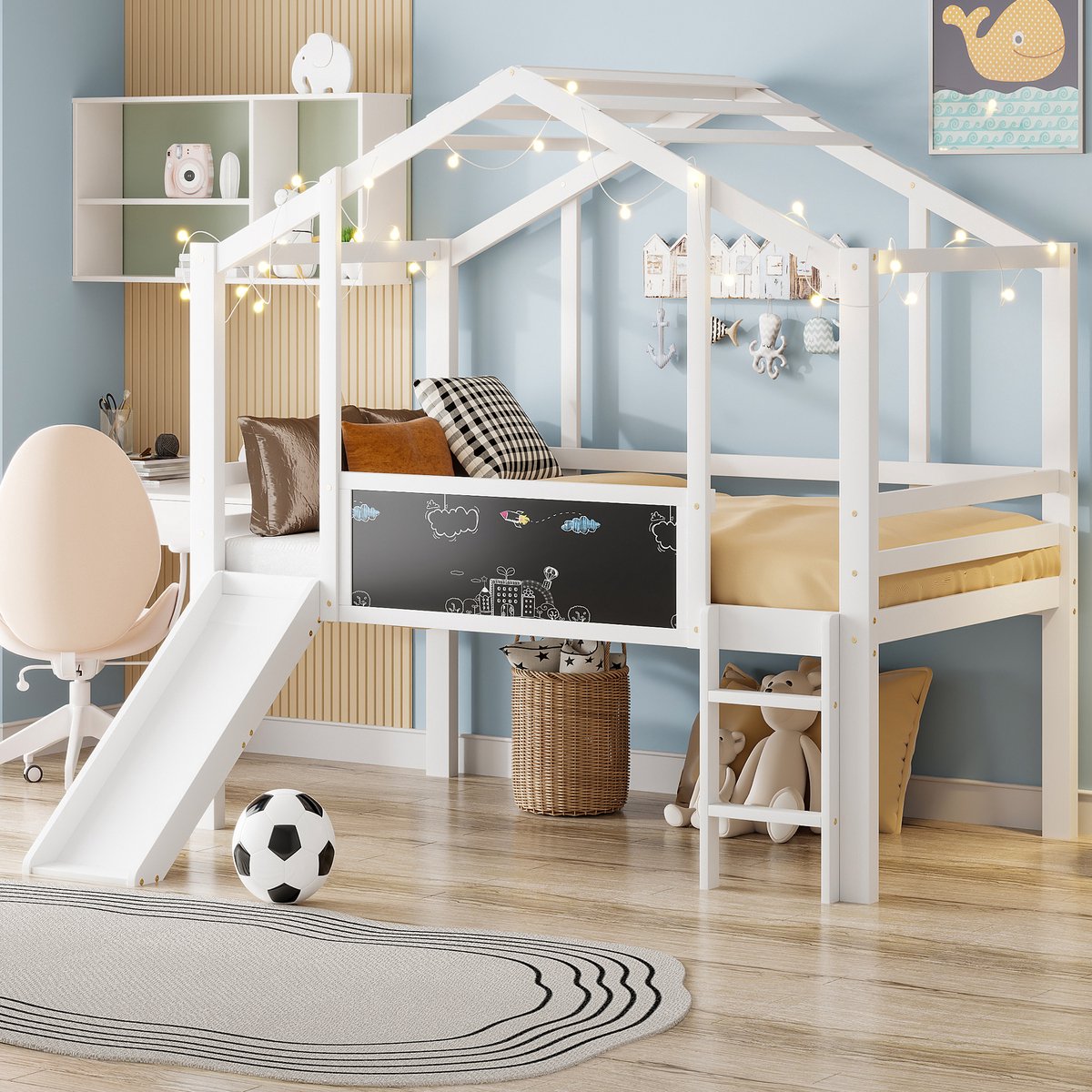 Kinder huisbed met dak, glijbaan en schoolbord - Speel- en slaapcombinatie - 90x200 cm - Wit - Veilige glijbaan en ladder - Inclusief schoolbord voor creatief spel - Massief houten frame