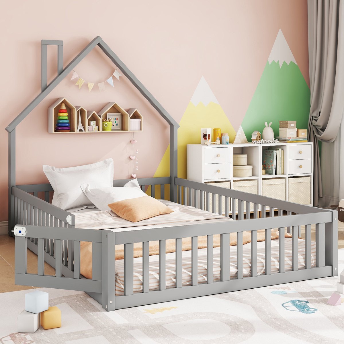 Gestoffeerd kinderbed 140x190 cm - met schoorsteenvorm en rondom veiligheidsrek - eenpersoons - grijs - massief grenen frame - minimalistisch design - lattenbodem inbegrepen