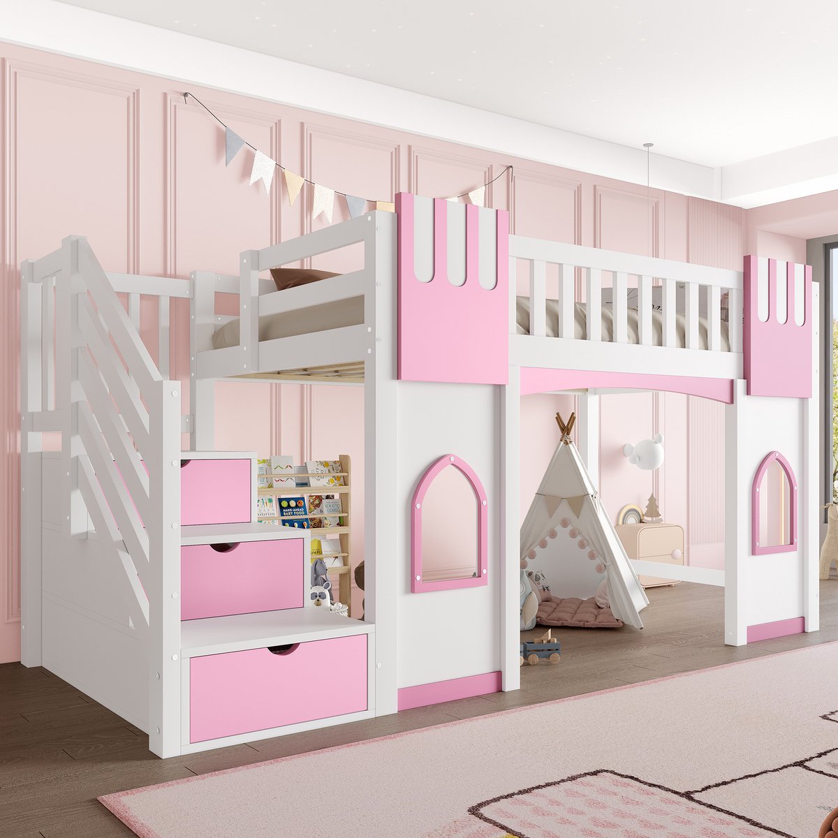 Hoogslaper met opbergtrap en raam - Kinderspeelhuis - 90x200 cm - Wit+Roze - Opbergtrap met 3 vakken - Veiligheidsrek rondom - Massief grenen frame
