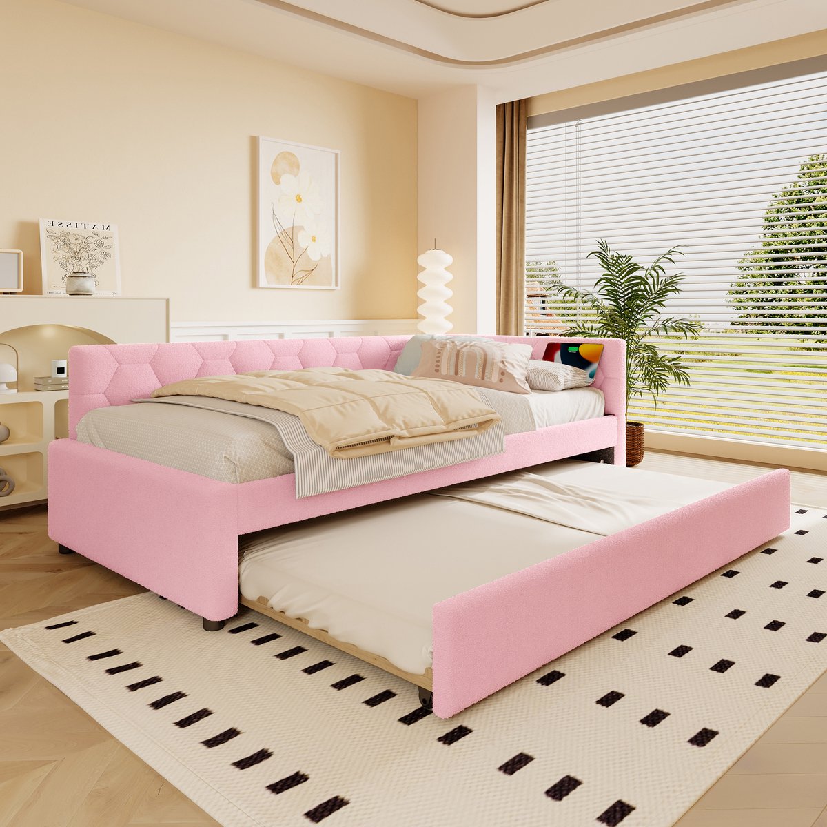 Dagbed 90x200 cm - slaapbank met uitschuifbed en nachtlampje - eenpersoons - roze bouclé - USB/Type-C oplaadpoorten - geometrisch design - lattenbodem inbegrepen