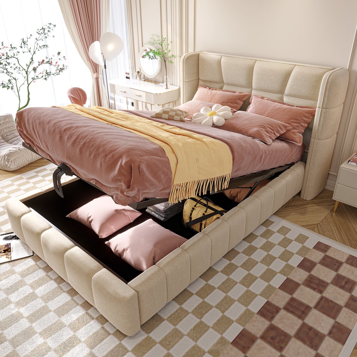 Gestoffeerd opbergbed met hefsysteem - 90x200 cm eenpersoons - Beige linnen - Pneumatische opberging - Gevleugeld hoofdbord - Geschikt voor kinderen en tieners