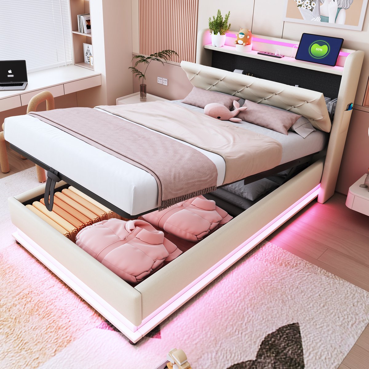 Kinderpolsterbed 90x200 cm - Multifunctioneel met hydraulische opbergruimte en LED-verlichting - Beige - Met USB- en Type-C-laadpoorten - Opklapbaar hoofdeinde en telefoonvakjes