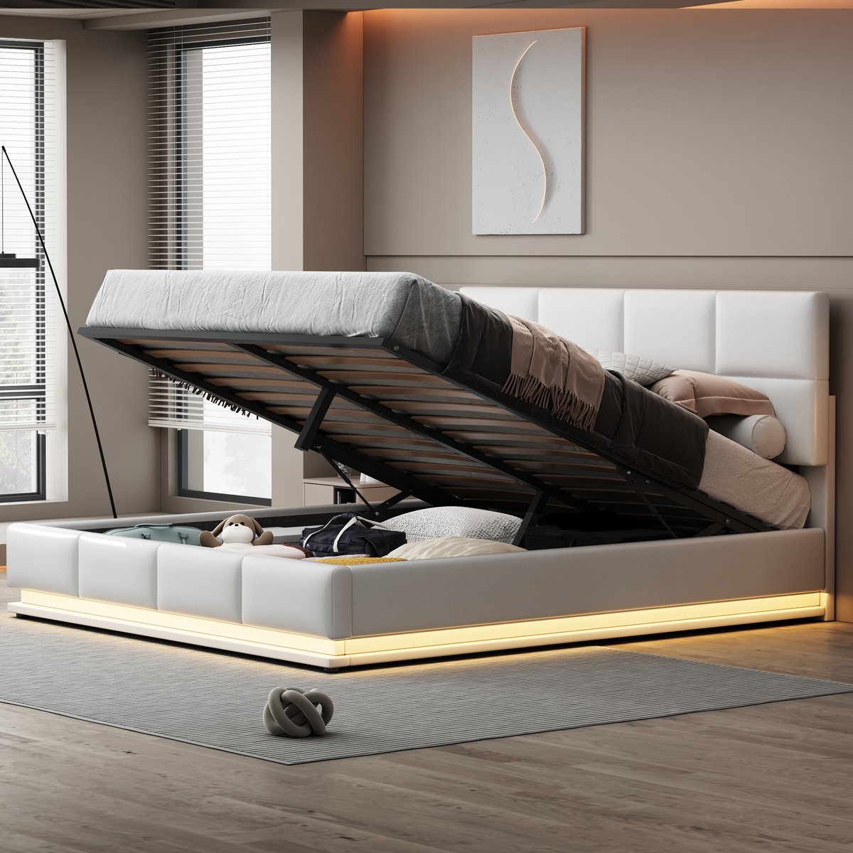 Kunstlederen bed 180x200 cm - met hydraulische opbergruimte en LED-verlichting - tweepersoons - wit - 16 kleuren met afstandsbediening - in hoogte verstelbaar hoofdeinde - 300 kg draagvermogen