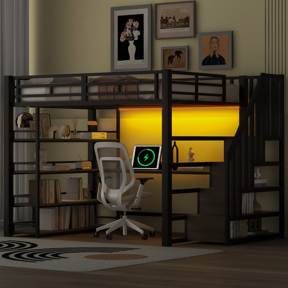 Metaal hoogslaper 140x200 cm - multifunctioneel voor tiener- en studentenkamer - zwart - compleet met bureau en opbergtrap - LED-verlichting en USB-oplaadpunt - stevig stalen frame met 24 latten