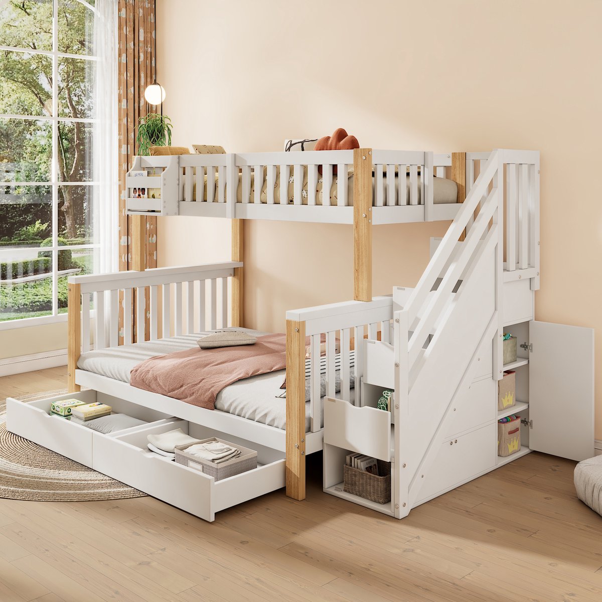 Kinder stapelbed met opbergtrap en laden - onderbed 140x200, bovenbed 90x200 cm - wit+natuur - opbergmanden, trappenschappen en kasten - stevig hout tot 120 kg per bed - lattenbodem inbegrepen