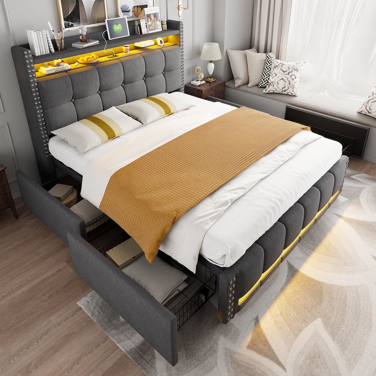 Gestoffeerd bed - multifunctioneel opbergbed met laden en LED - 160x200 cm - Grijs linnen - Hoofdeinde met opbergvakken en USB-poort - 4 ruime laden - Tot 350 kg belastbaar