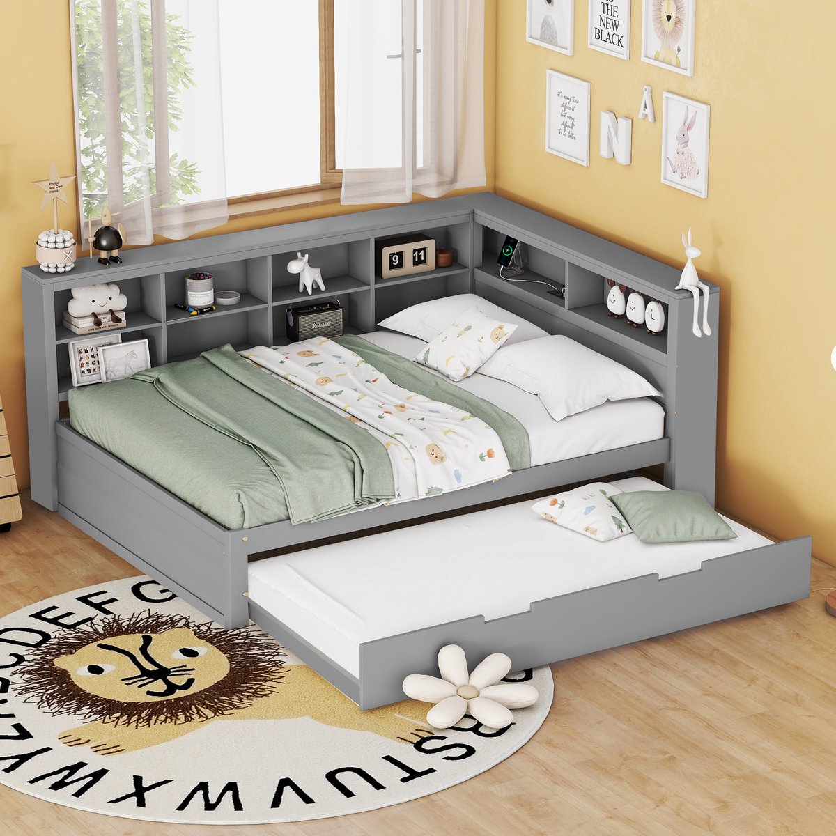 Houten slaapbank met uitschuifbed en opbergvakken - 140x200 cm en 90x190 cm - tot 3 personen - grijs - met USB-poort - massief grenen frame - inclusief lattenbodem