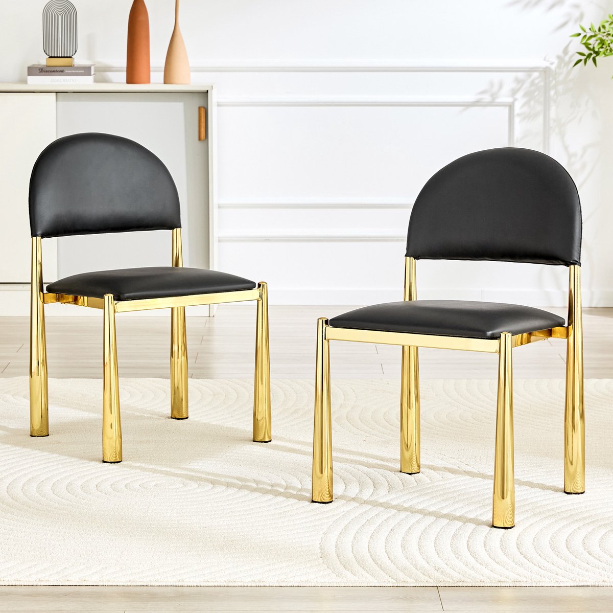 DESMIU Eetkamerstoel Set van 2 80 Cm - Half Ronde Geklede Rugleuning En Zachte Zitting - Voor Keuken En Eetkamer - Kunstleer Metalen Poten - Zwart