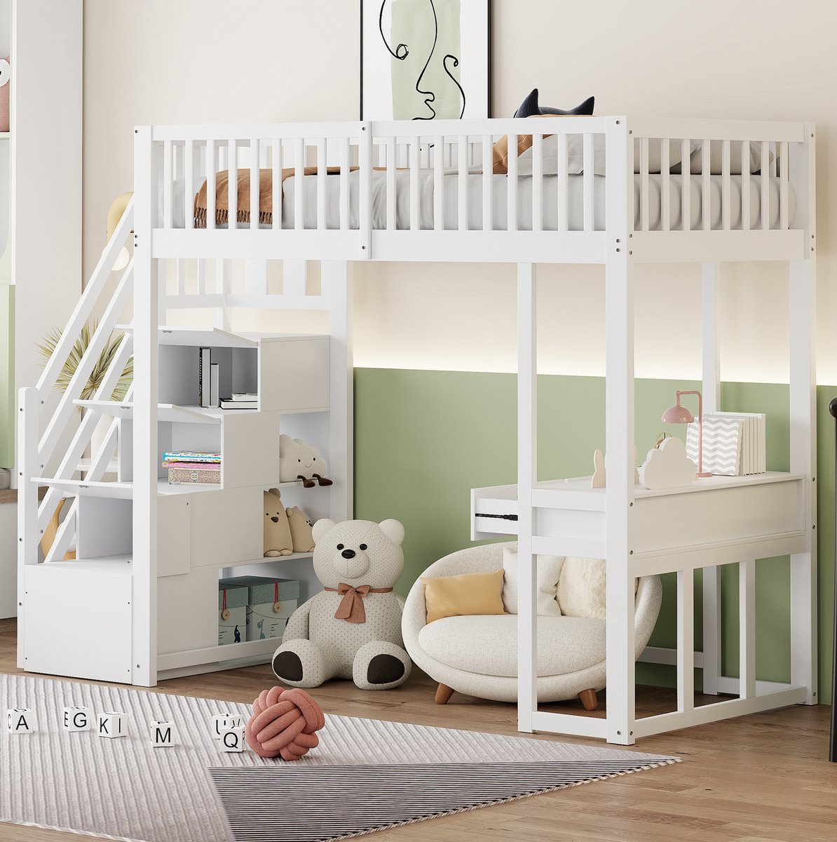Wishdor Hoogslaper 90x200 cm - Met bureau en opbergtrede - Ruimtebesparend ontwerp - Kinderkamer studeerhoek speelruimte - Hout en MDF - Wit