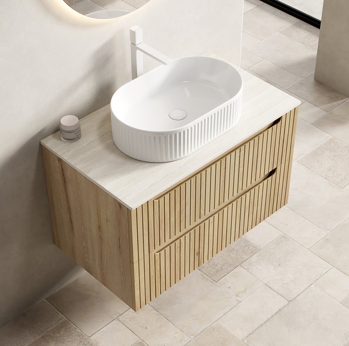 OKWISH Badkamermeubel - Wandhangend Met Ovale Waskom - 80 x 46 x 62,2 cm - 2 Lades - Voorgemonteerd - Keramiek En Houtlook Wit Eiken