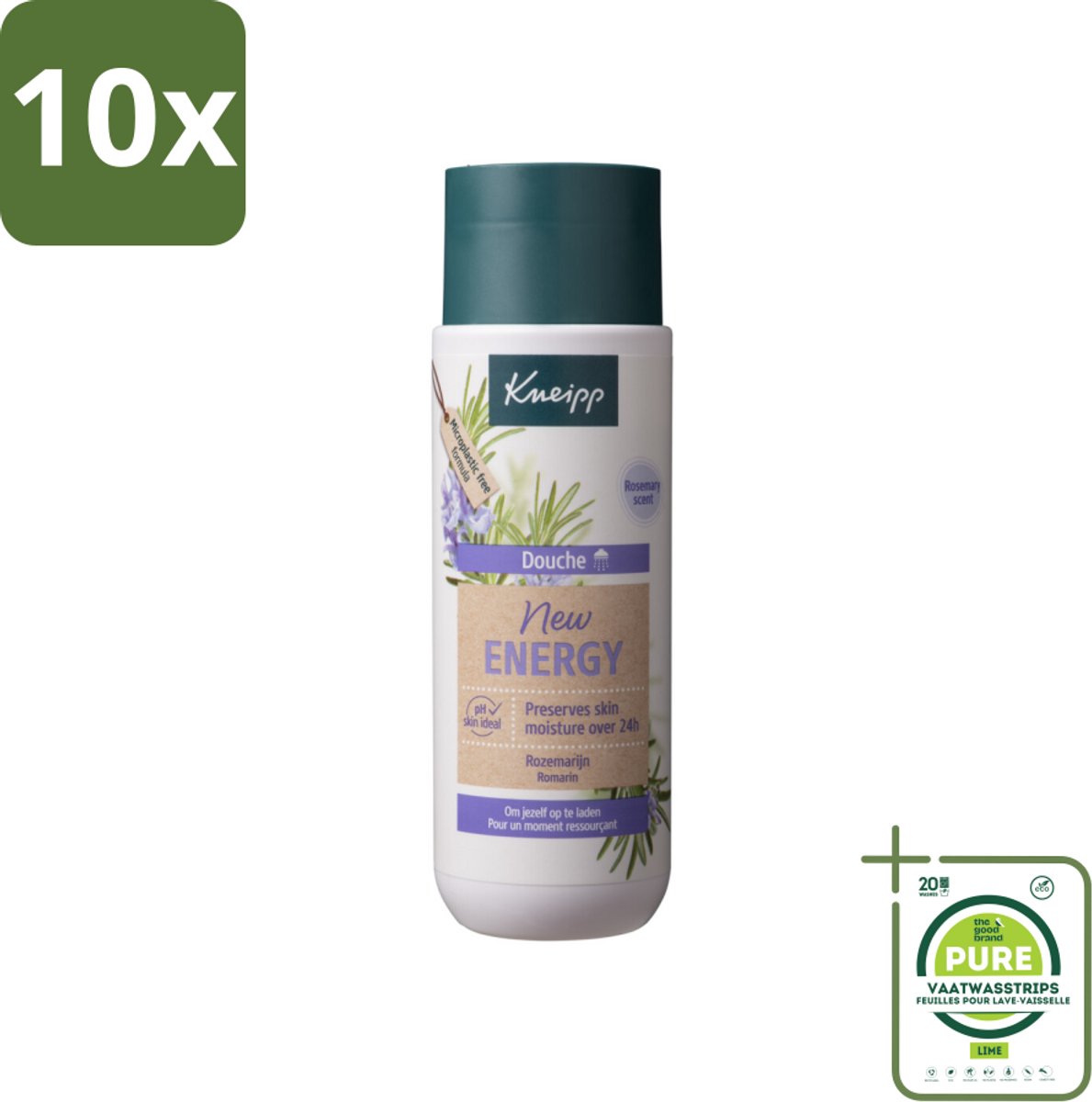 10 x Kneipp Douche New Energy 200 ml - Grootverpakking - Douchegel - Energie - Rozemarijn - Natuurlijke Geur - Hydraterend