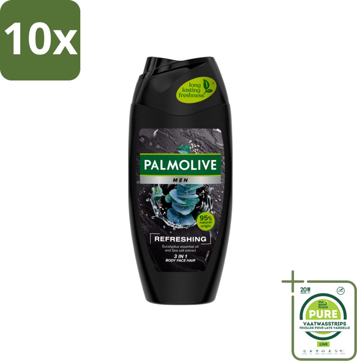 10 x Palmolive Men 3-in-1 Body Face Hair Refreshing Etherische Eucalyptusolie Zeezoutextract 250 ml - Grootverpakking - Douchegel Voor Mannen - Verfrissende Douchegel - Fris En Verzorgend - Citrus En Eucalyptus - Glycerine