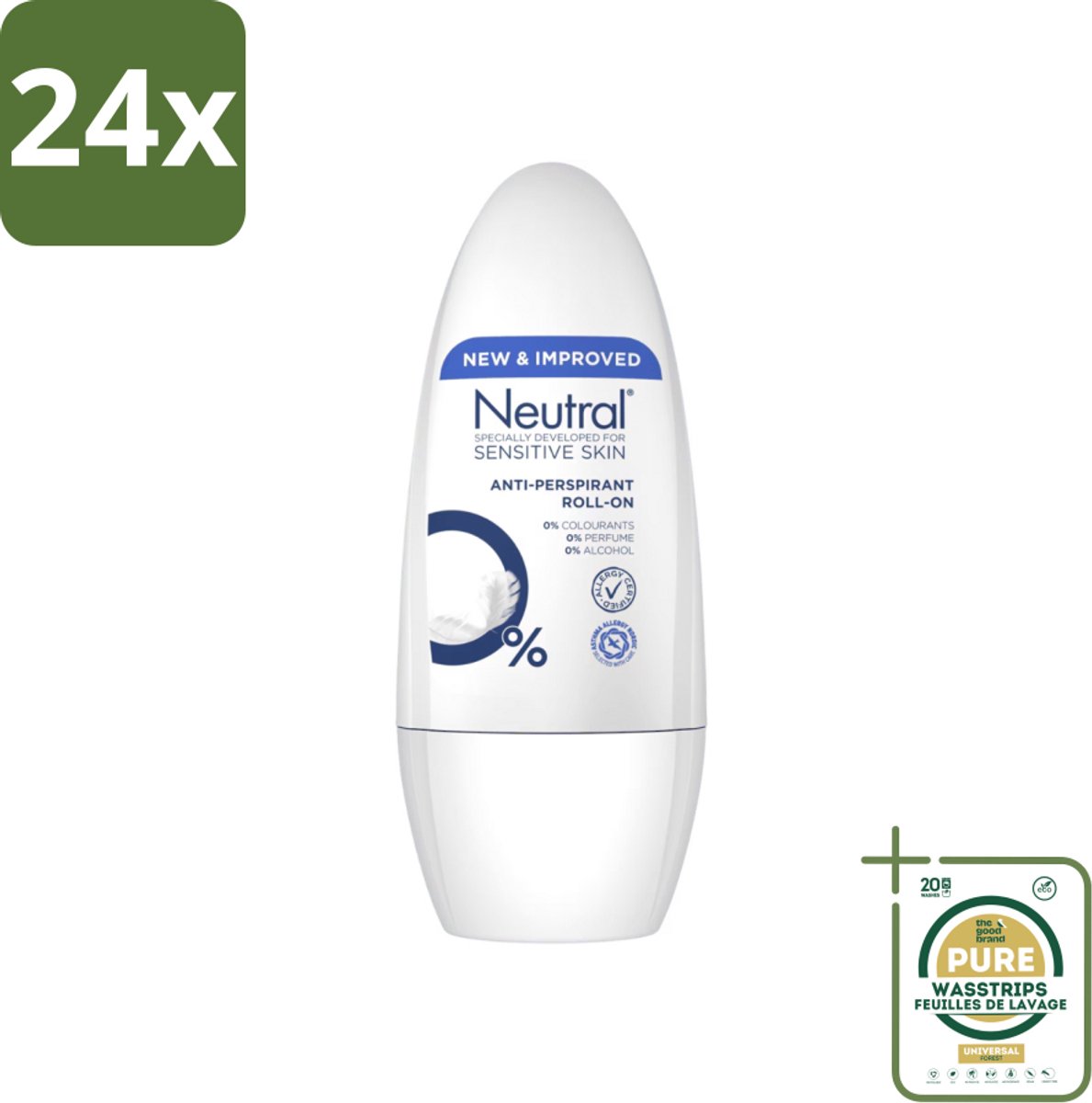 Neutral - Deodorant Roller - Gevoelige Huid - Anti-perspirant - 0% Parfum, Kleurstof & Alcohol - 50 ml - Voordeelverpakking - 24 stuks - Deodorant roller - Biologisch afbreekbaar