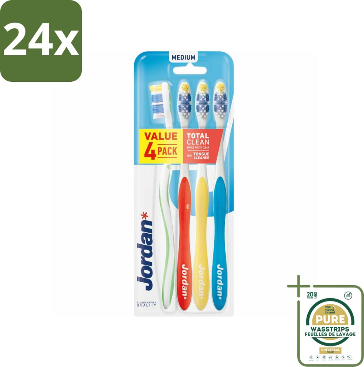 Jordan Tandenborstel Total Clean Medium 4-pack 4 stuks per verpakking - Voordeelverpakking - 24 stuks - Tandenborstels - Tandenborstel set