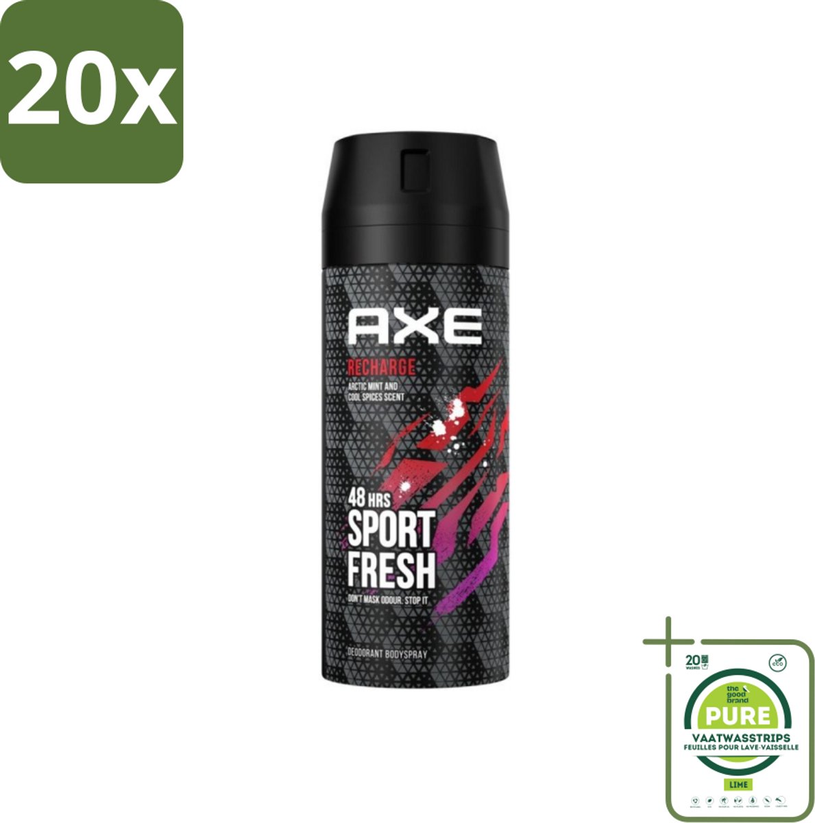20 x Axe - Deodorant Bodyspray - 48hrs Sport Fresh - Recharge - Arctic Mint & Cool Spices - 150 ml - Grootverpakking - Axe Deodorant - Axe Bodyspray - Axe Sport Fresh - Axe Ice Chill - Deodorant Sport