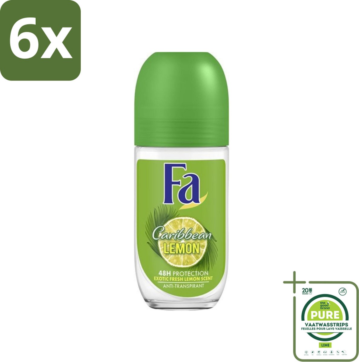Fa - Deodorant Roller - Caribbean Lemon - Verfrissend - 48 uur Bescherming - Citrusachtig - 50 ml - Voordeelverpakking - 6 stuks - 48 uur bescherming - Caribische citroen