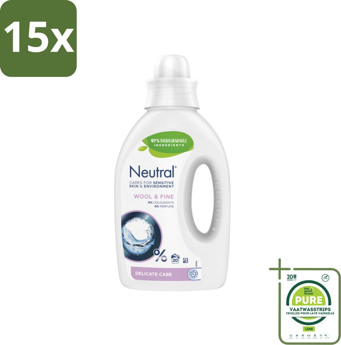 15 x Neutral Vloeibaar Wasmiddel Wol & Fijn 20 Wasbeurten 1 liter - Grootverpakking - Wasmiddel - Gevoelige Huid - Hypoallergene - Dermatologisch Goedgekeurd - Parfumvrij