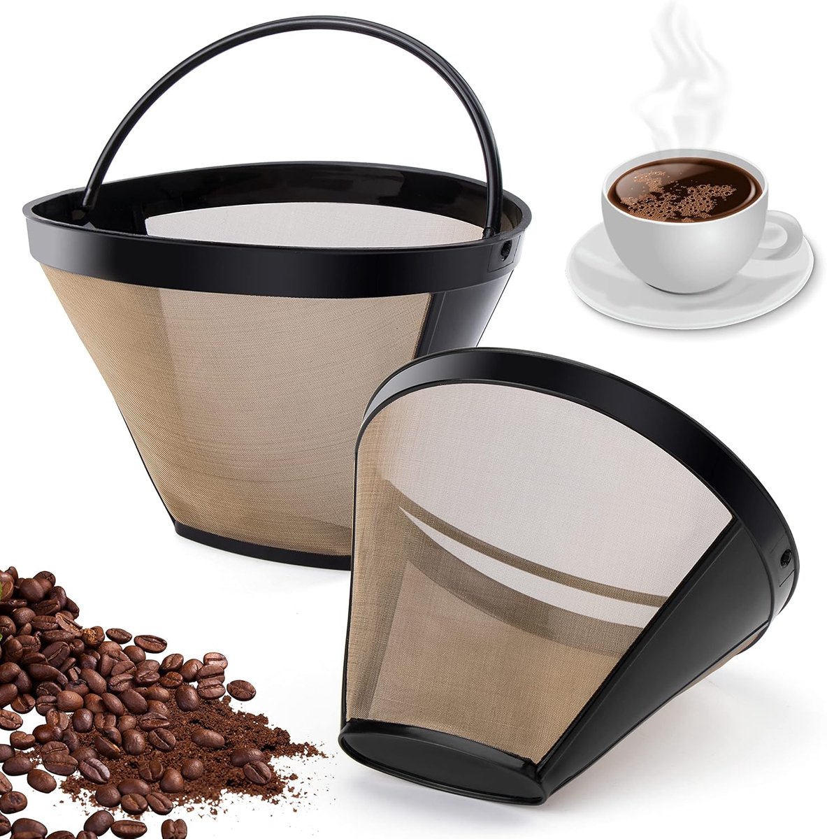 2 stuks goudkleurfilter, permanente koffiefilter, 6-8 kopjes, roestvrij staal, koffiefilter, mesh-mand, wasbaar, koffiefilter voor 8-12 kopjes koffie, filtermaat 4, met roestvrijstalen weefsel