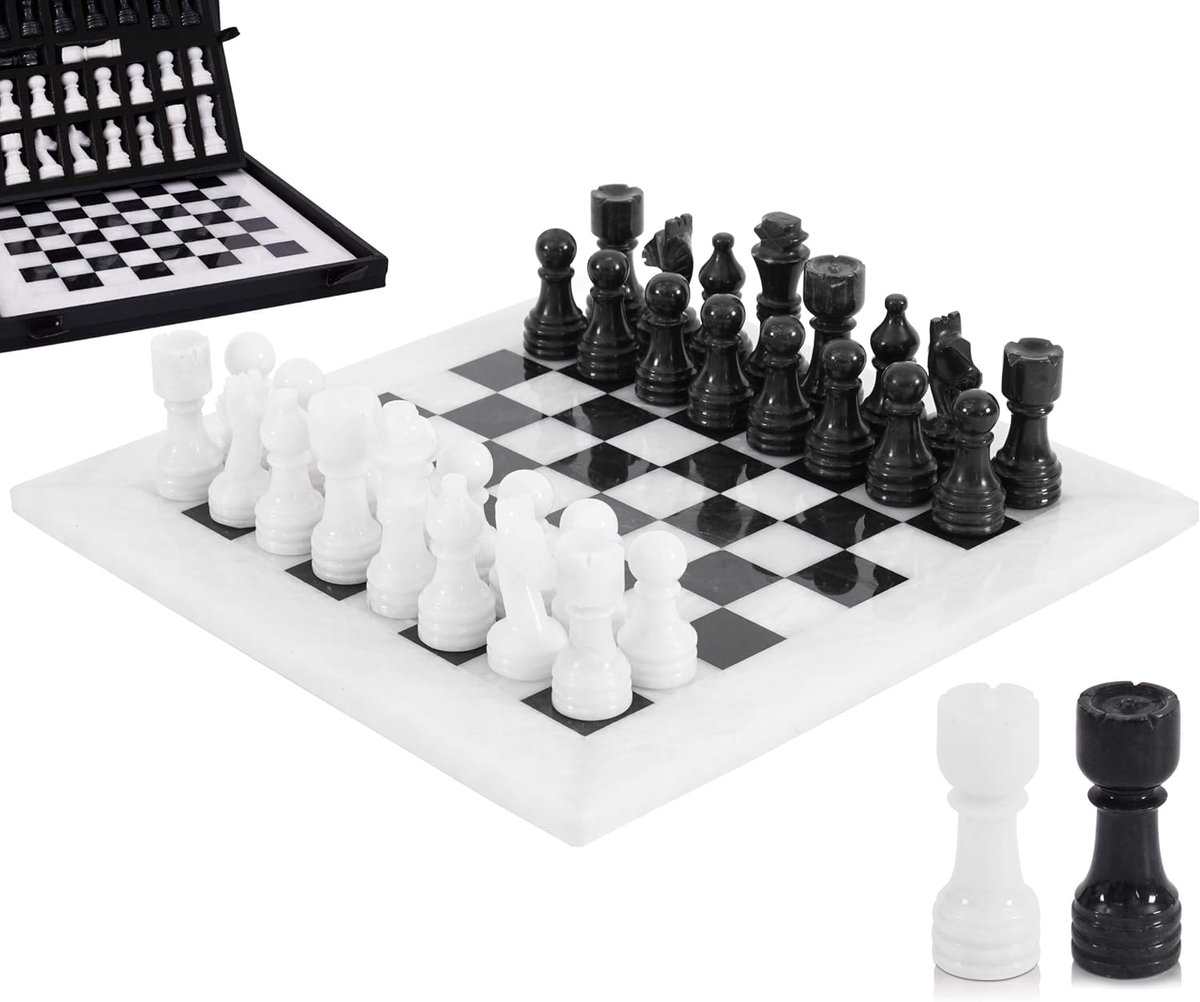 12" handgjort schackset i vit och svart marmor för vuxna - 1 bräde och 32 schackpjäser för 2 spelare - Reseschackset