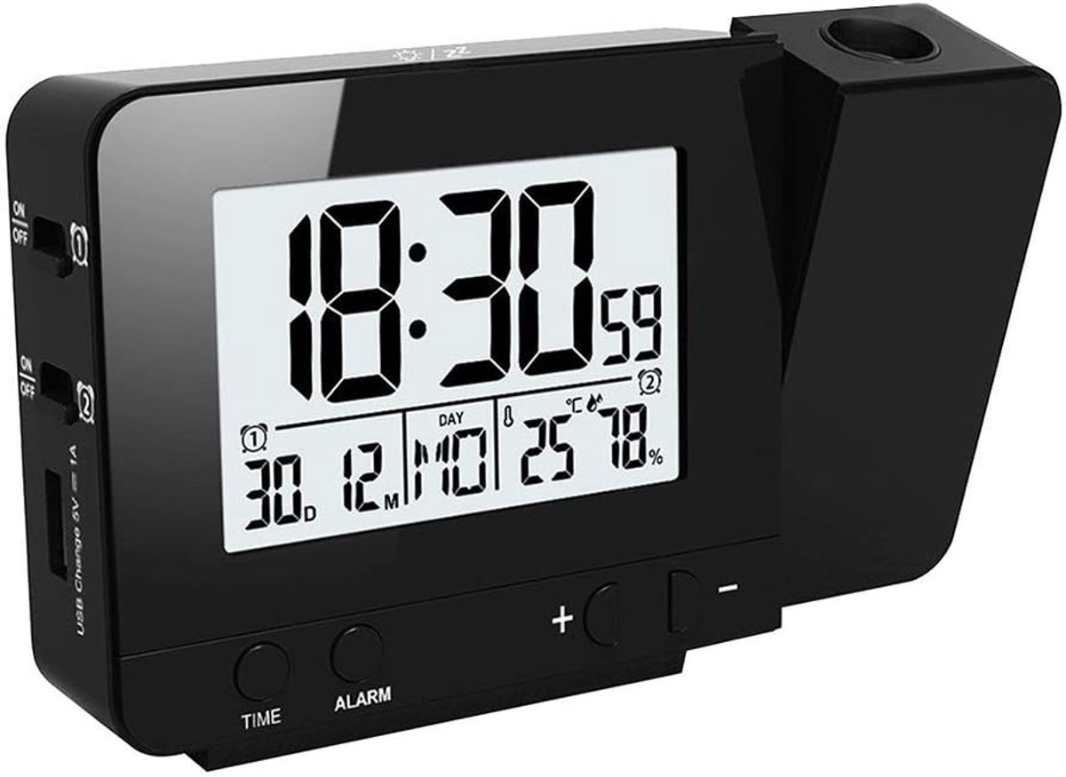 Projectiewekker digitale klok met tijd, temperatuurprojectie, dubbel alarm, luchtvochtigheid, snooze, timer, kalender, USB-poort (zwart)