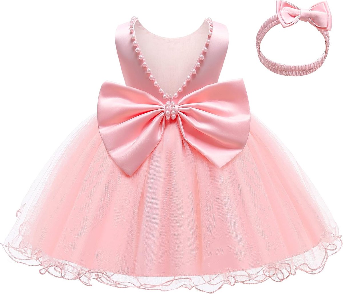Babyjurk, meisjes, ruches, kant, backless met hoofdband, strik, bloemenjurk, schoonheidwedstrijd, party, bruiloft, 0-24 maanden