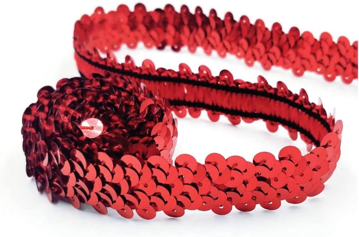 Paillettenband, elastische paillettenband, 2 cm breed, paillettenband, 2 rijen, paillettenboord, stoffen band voor doe-het-zelf naaien, kleding, handwerk, decoratie, rood