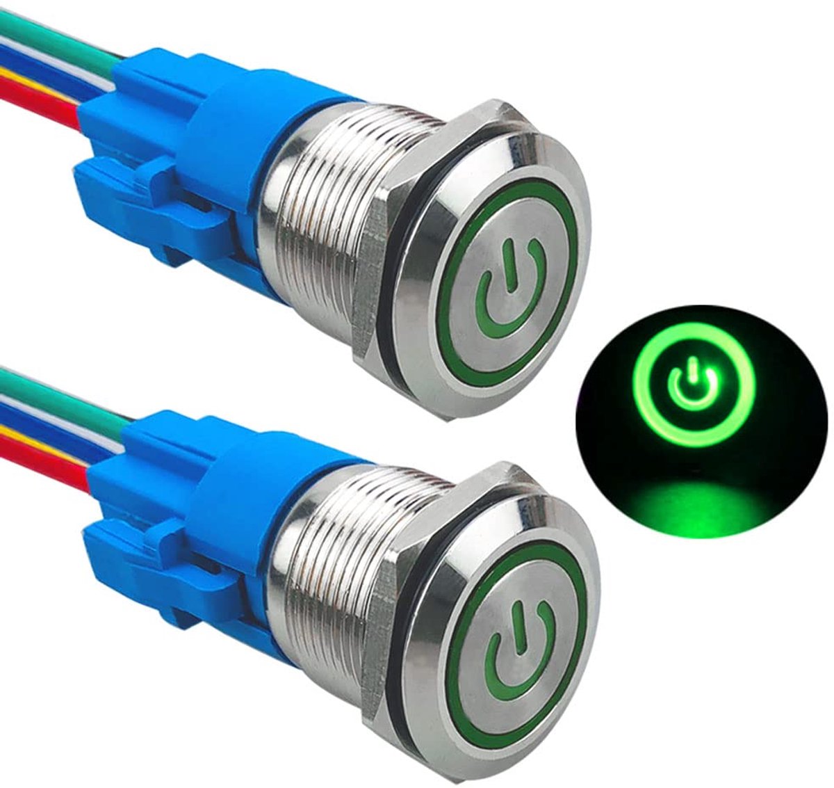 2 stuks 19 mm drukknopschakelaar, zelfblokkerend, 12 V/24 V, 5 A, drukknopschakelaar van roestvrij staal, waterdicht, IP67, met voorbedrade stekker (groene led)