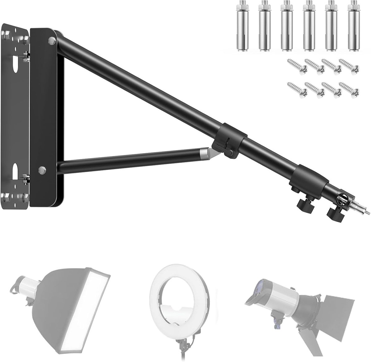 Driehoek Boom Arm,51 inch Verstelbare Ring Licht Wandmontage 180º Rotatie Camera Wandhouder voor Fotografie Studio, Strobe Flash, Softbox, Ring Licht, Paraplu LED Video Licht