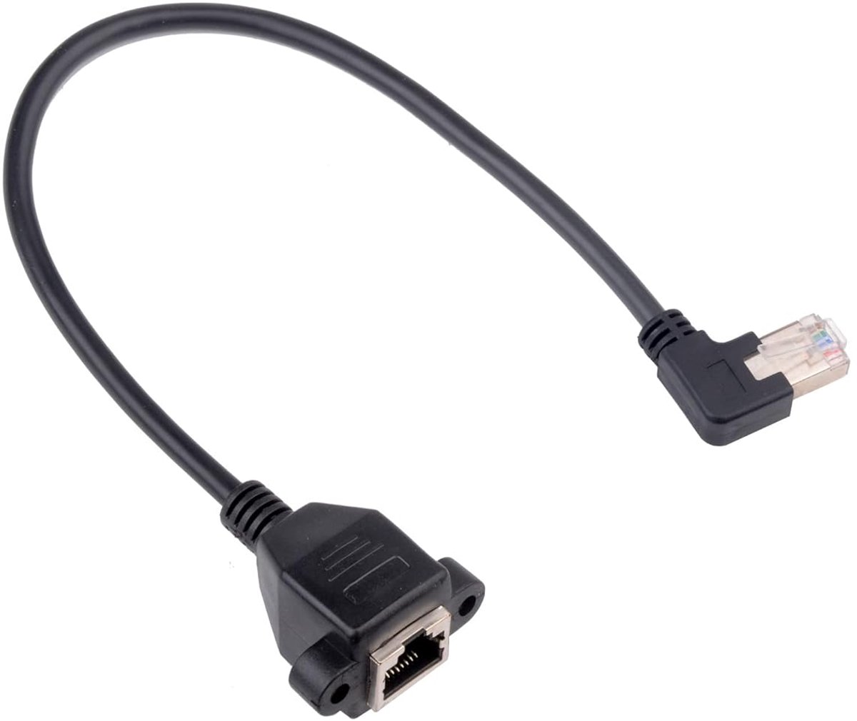 RJ45-stekker op bus, schroefplaatmontage, CAT6/5e/5, afgeschermd, netwerk LAN-verlengkabel (linkerhoek)