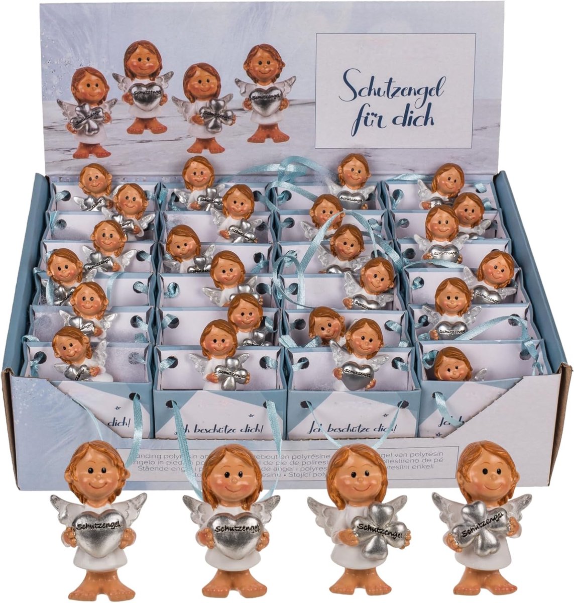 24 kleine beschermengelfiguren in zakjes - hemelse geluksbrenger op kleur gesorteerd en gepresenteerd op een standaard - betoverende handbeschilderde engeltjes in
