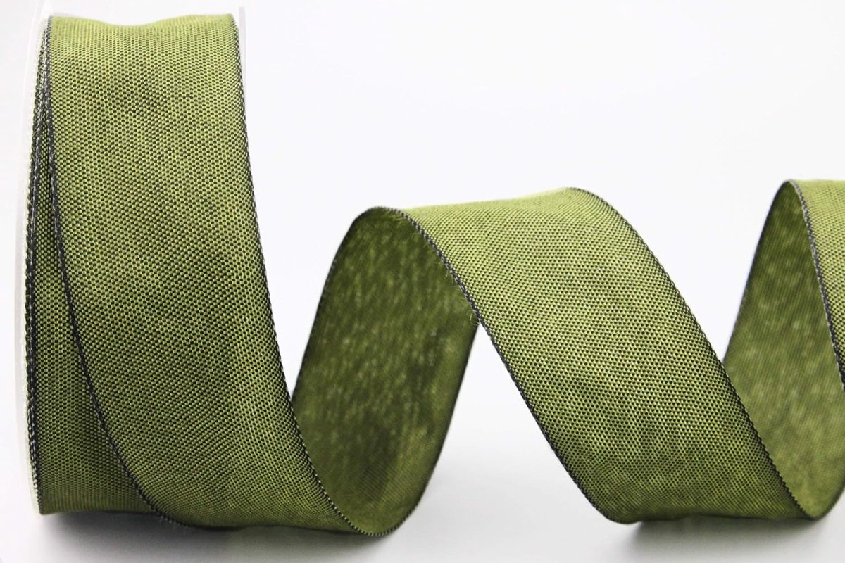 20 m x 40 mm (rol), stoffen lint, JAMIE, olijf, DONKEL (212), decoratielint met draadranden, licht linnenlook, taftlint, grof geweven, knutselen, lint, cadeaulint, decoratie, Noord-stijl, elegant