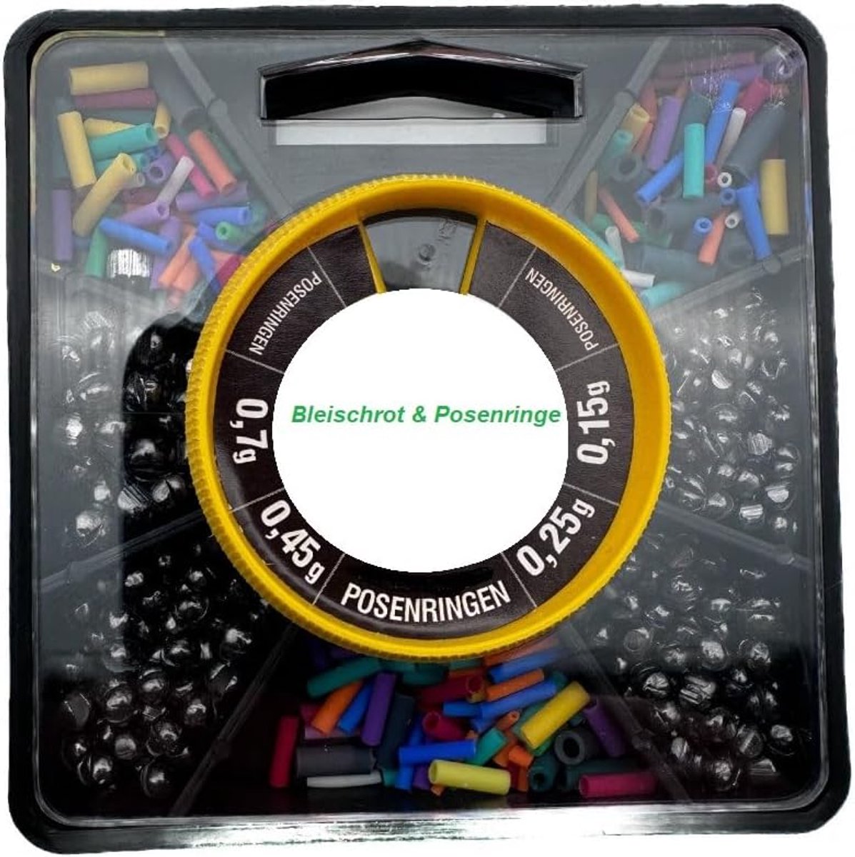 assortiment loodrood & rubber dobberringen dispenserbox 7 vakken gesorteerd, 0,15 tot 0,7 mm + gratis Petri Heil! Stickers