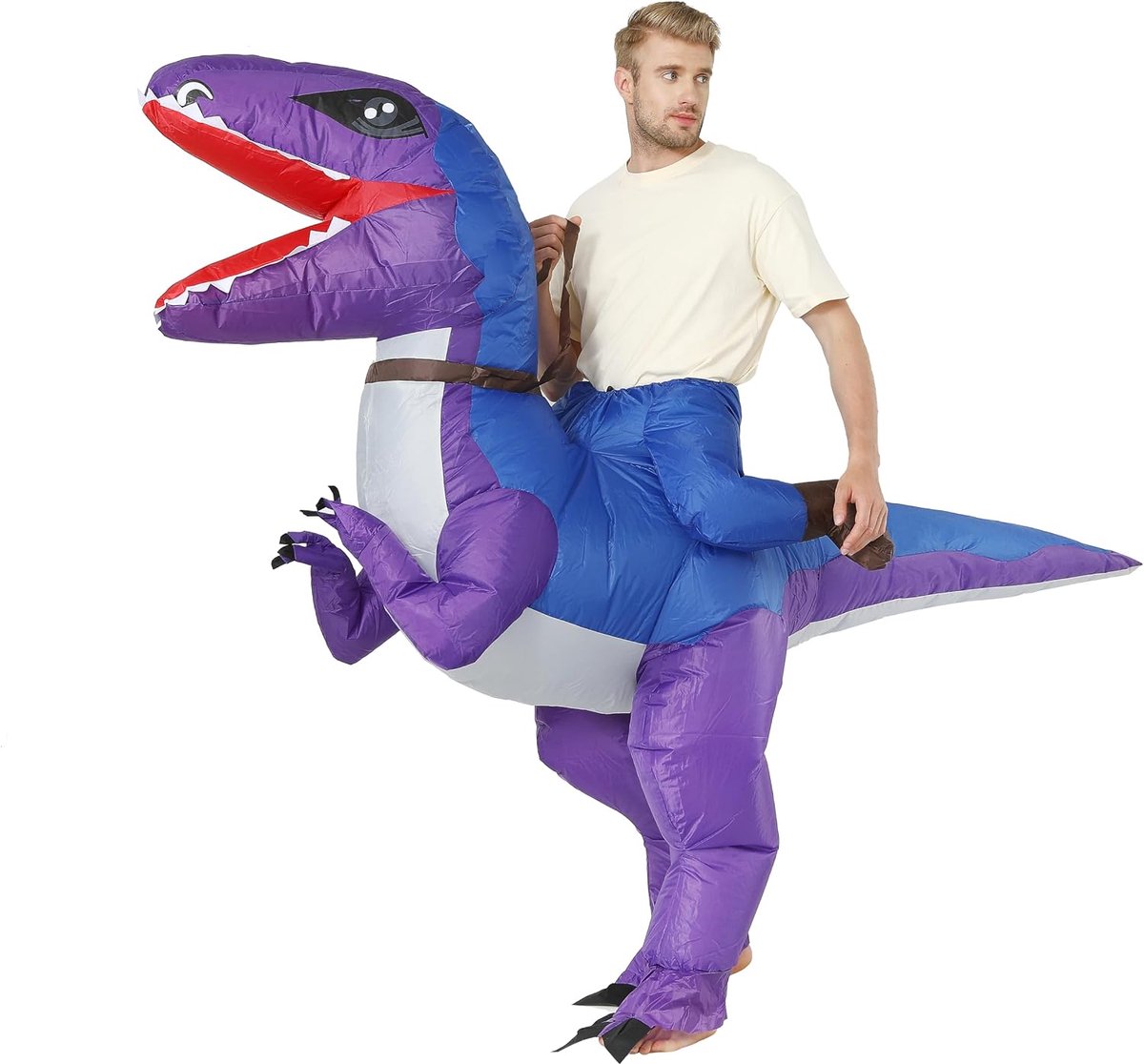 Opblaasbaar dinosauruskostuum voor volwassen, t-rex, dinosauruspak, grappige dinorijderjurk, paars