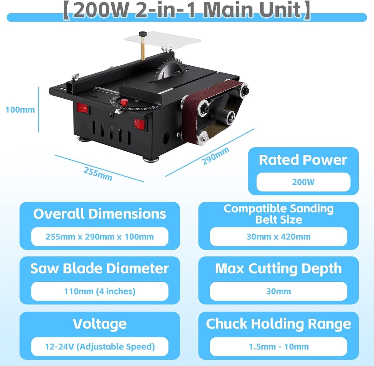 compacte cirkelzaag met bandschuurmachine | 200 W, multifunctioneel, draagbaar, doe-het-zelfzaag, miniatuurtafel met 4 messen, zaagdiepte 0,1-30 mm