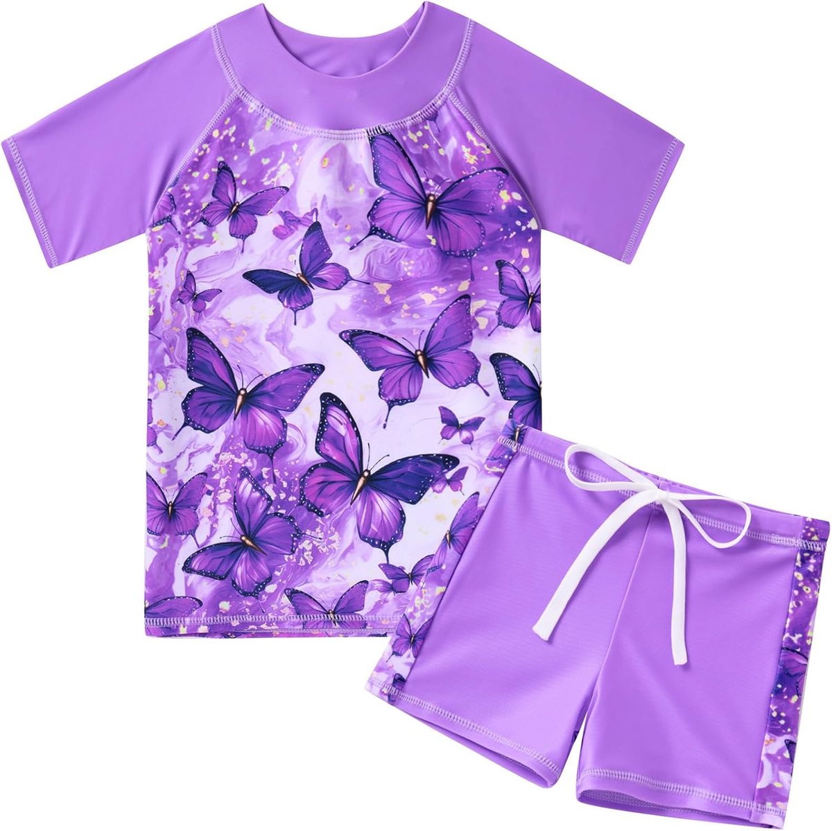 Badpak in 2-delige set met korte mouwen voor meisjes, schattige zwemkleding met opdruk en UPF 50+-bescherming, geschikt voor meisjes van 4–10 jaar