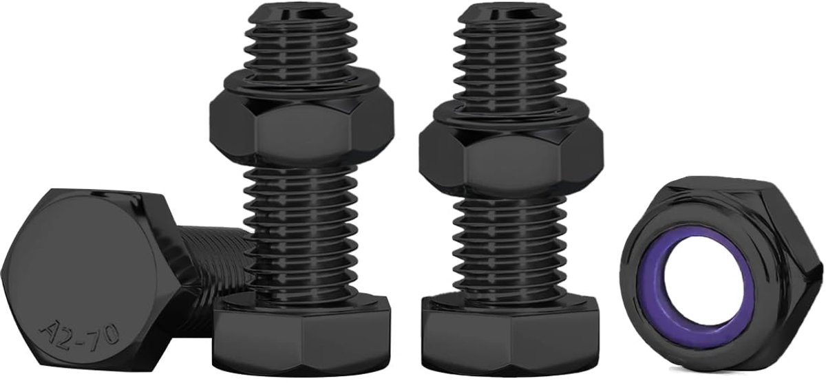 Zelfborgende bouten en moeren, zwart, M6 x 16 mm, 10 stuks zeskantschroeven en moeren, set van M6 roestvrij staal, A2, V2A schroevenassortiment met moeren, voor machines, meubels, fietsen