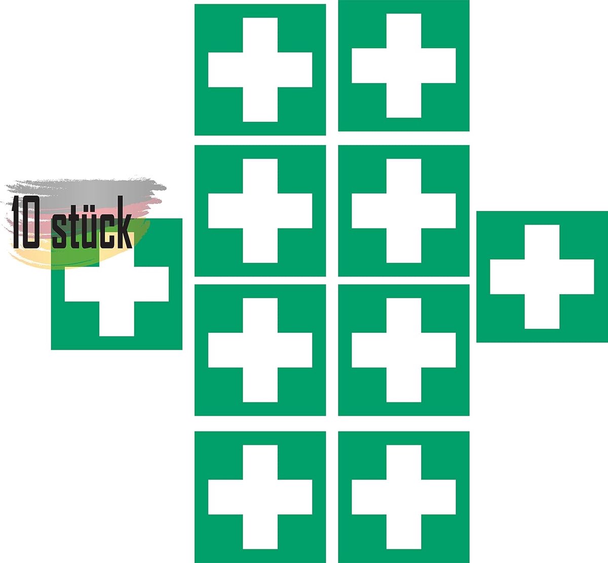 hulpstickers, 10 stuks, 5 x 5 cm, DIN 7010, UV-premium stickers voor EHBO-set, verbanddoos, reddingsweg, vluchtweg, nooduitgang, veiligheidsmarkering