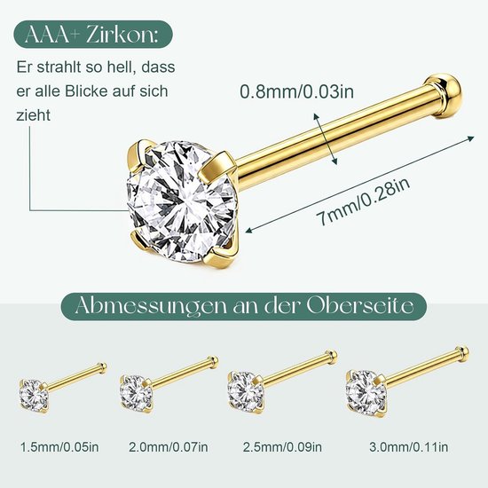 4 stuks 14K goud 20G neuspiercing, chirurgisch staal, neuspiercing, steker, zirkonia, L-vormige neussteker, rechte schroef, 1,5/2/2,5/3 mm — afbeelding 2