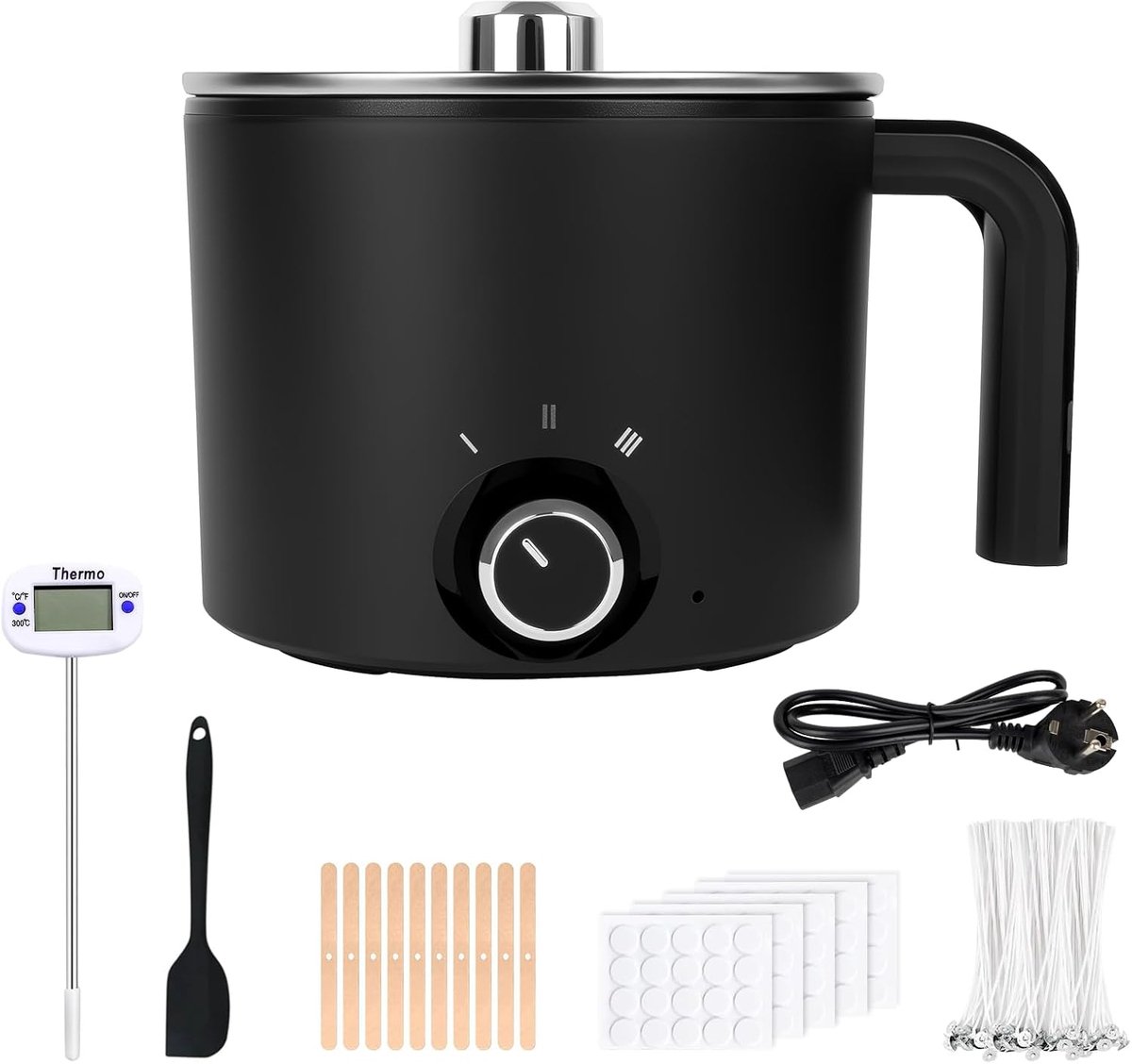 1,8 l elektrische wassmelter voor het maken van kaarsen, zelfgemaakte set met wassmeltpot, thermometer, 100 kaarslonten, 100 lontstickers, 10 lonthouders en roerlepels, zwart