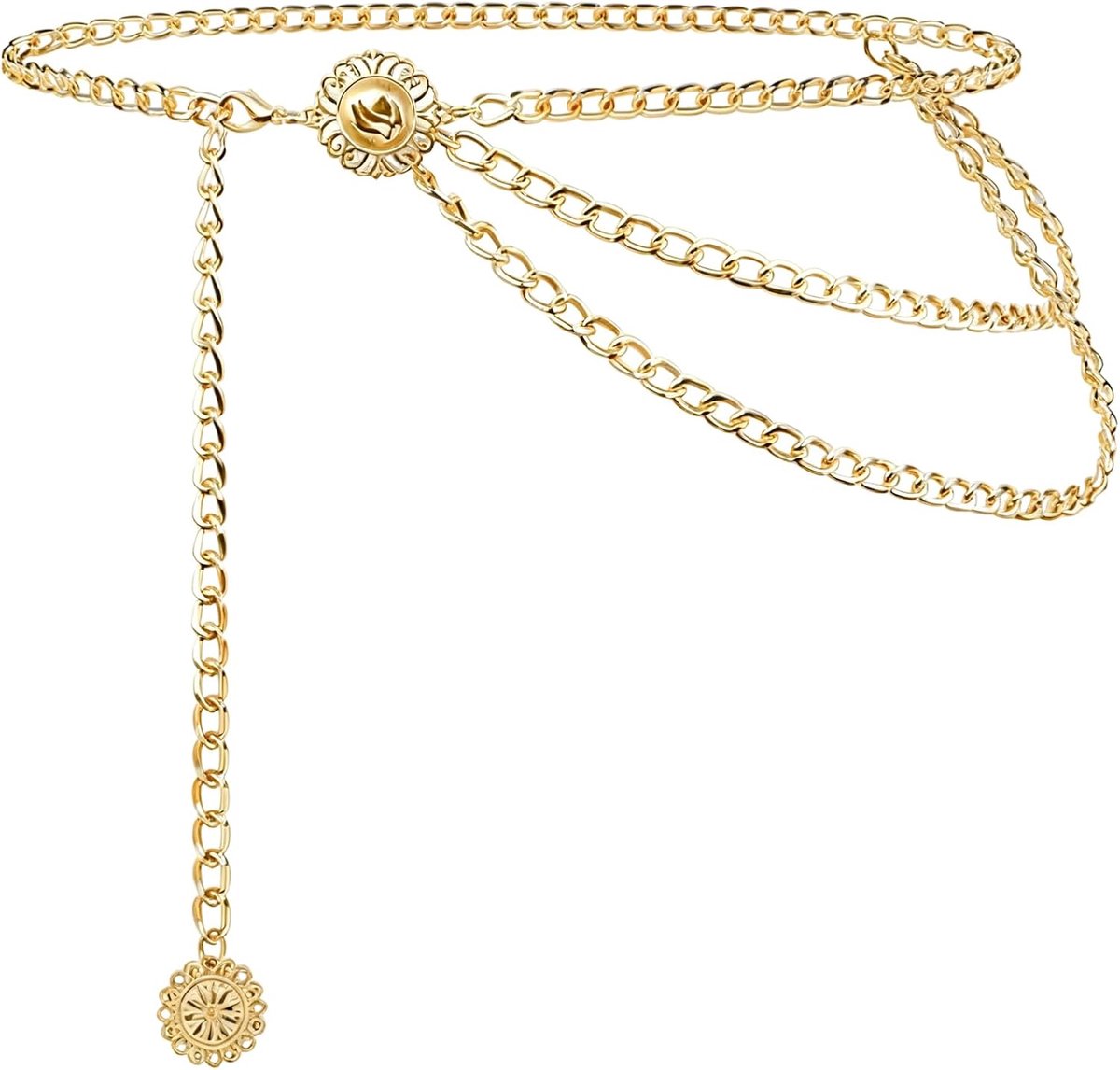 verstelbare riem voor dames, westerse metalen riem, gouden meerlaagse tailleketting, opengewerkte gesneden ketting, riemen, voor jeans en jurken
