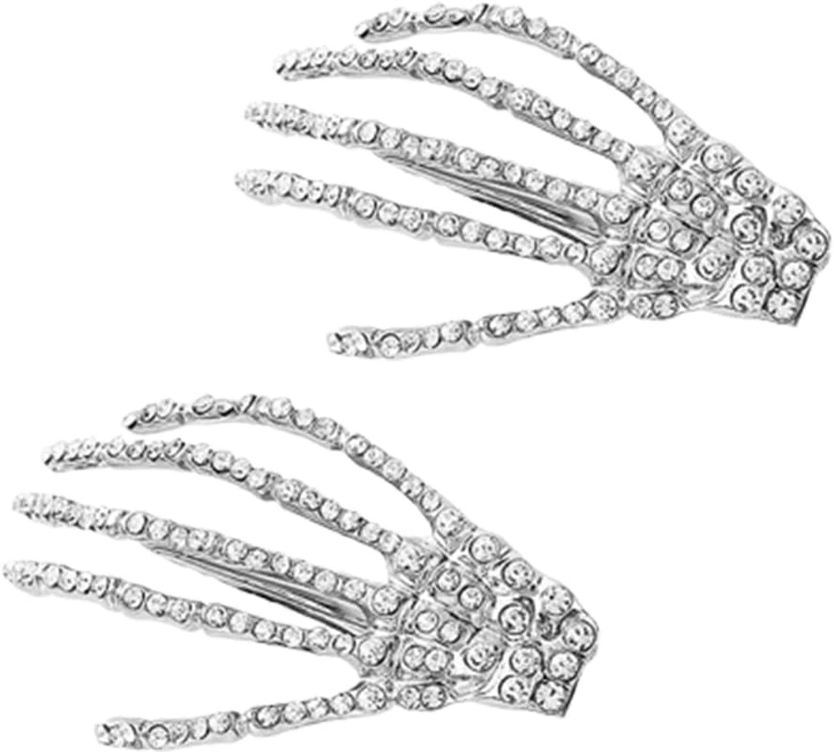 Set van 2 doodshoofd-handklemmen met strass-steentjes voor Halloween, punk-gotiek, glinsterende clips