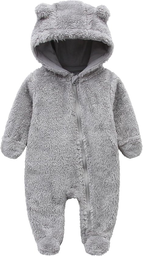 sneeuwpak pasgeboren winter capuchon romper fleece sneeuwpak baby rits jumpsuit cartoon beer winterjas voor meisjes en jongens 0-12 maanden, Grijs, 6-9 maanden