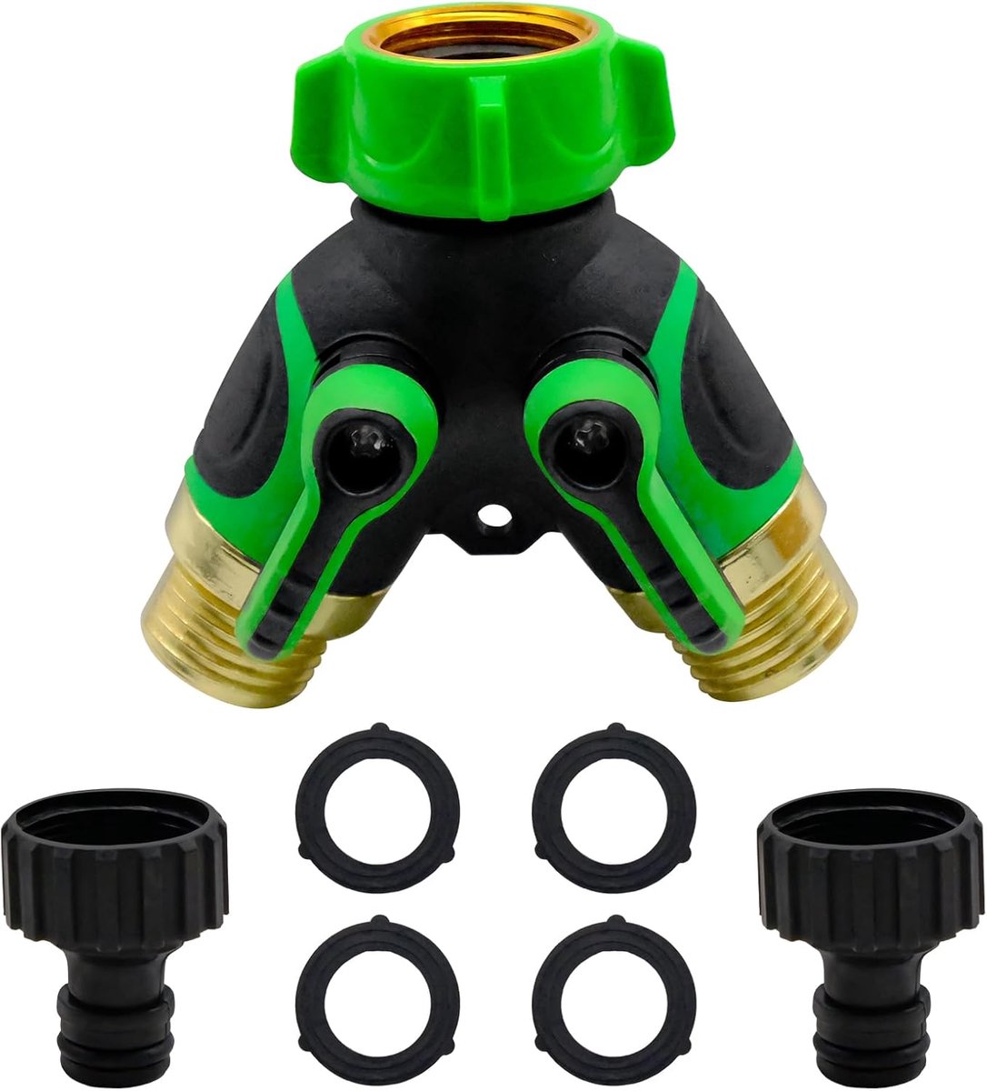 Splitter 2-weg Twin Tap Connector 3/4" slangaansluiting dubbele uitlaat tuin Y-type slangconnector waterslang met individuele aan/uit en 2 snelkoppelingen voor slangpijp