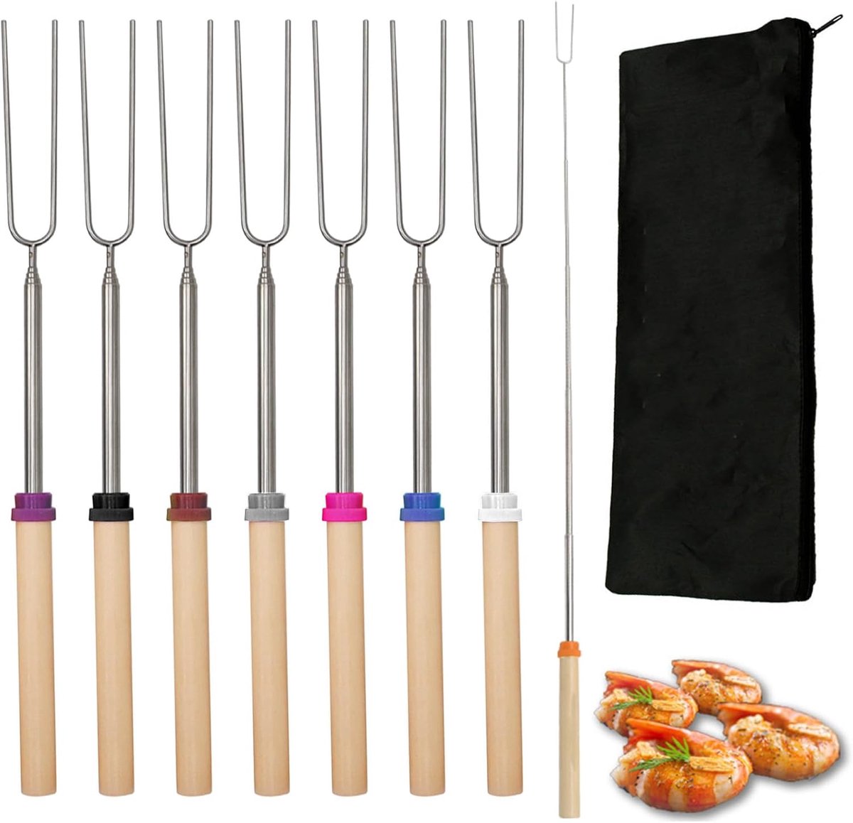 Telescopische spiesen, grillvork, roestvrij staal, uittrekbaar, 31 - 81 cm, voor BBQ, camping, kampvuur