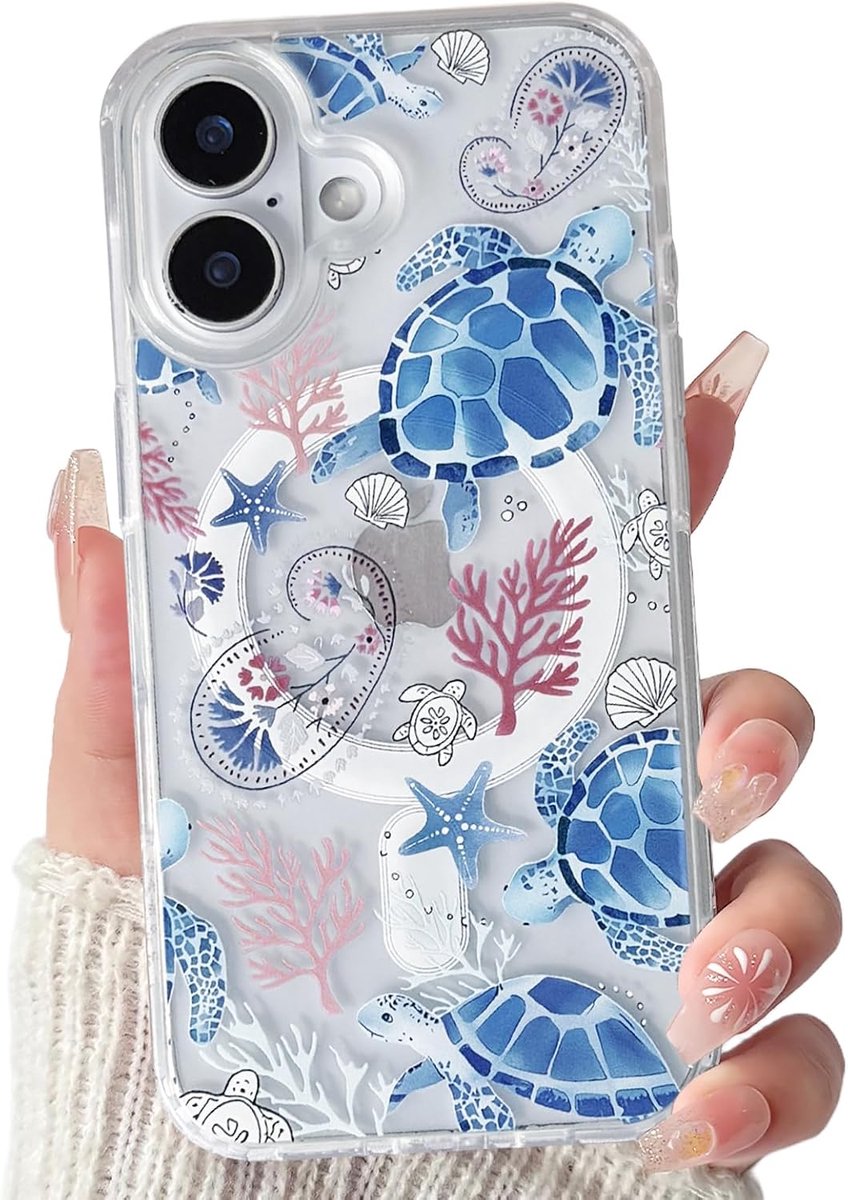 Magnetisch Hoesje voor iPhone 16 Compatibel met MagSafe Schattig Zeedieren Ontwerp voor Meisjes Vrouwen Zacht TPU+PC Schokbestendige Beschermende Telefoonhoesje-Blauwe Schildpad