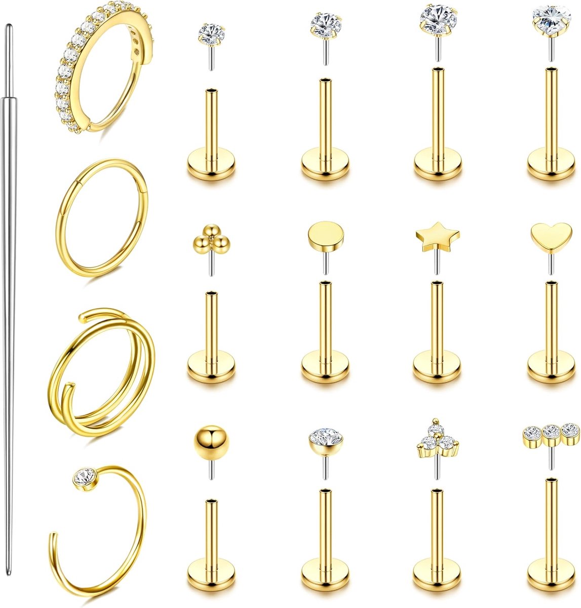 16 stuks neusringen, hypoallergeen, chirurgisch staal, oorbellen met platte achterkant, zilver/goud, medusa helix, piercing, sieraden, 20 g/18 g