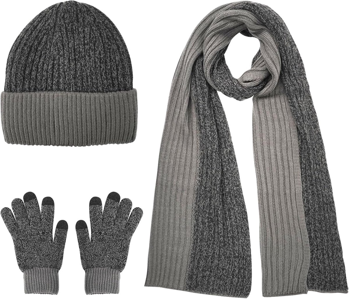 3 in 1 Heren Hoed Sjaal Handschoenen Set met Warme Gebreide Muts, Sjaal en Touchscreen Handschoenen, Cadeaus voor Familie en Vrienden bij Kerst Verjaardag